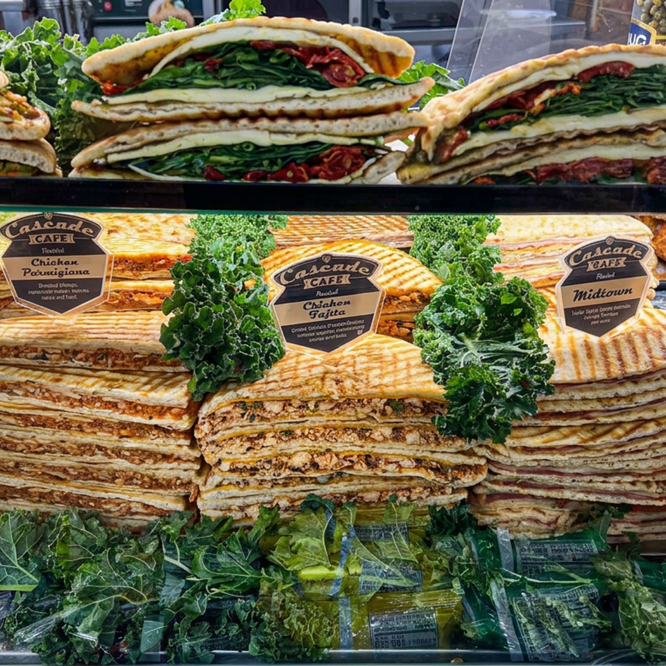 Cascade Cafe display featuring stacked grilled sandwiches, leafy greens, vegetables, corn, and labeled chicken, cheese, and Midtown varieties.