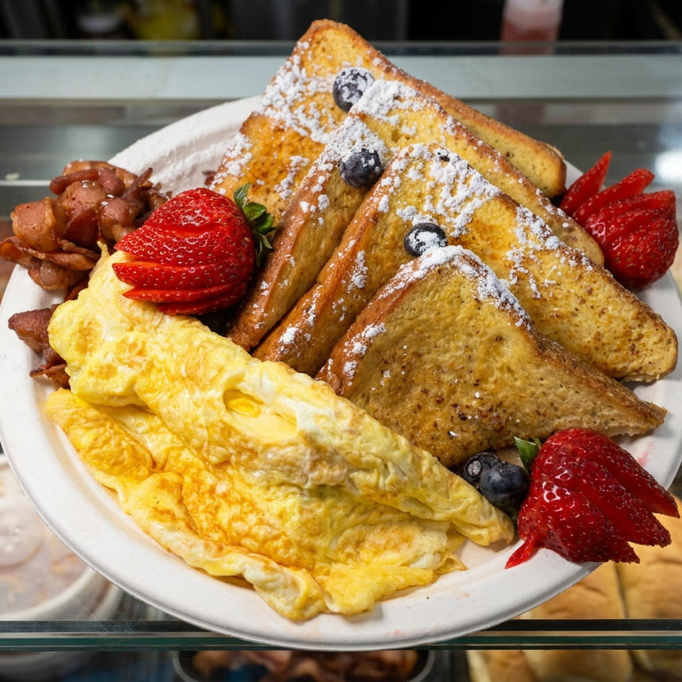 Breakfast plate featuring powdered-sugar French toast, scrambled eggs, bacon, strawberries, and blueberries.