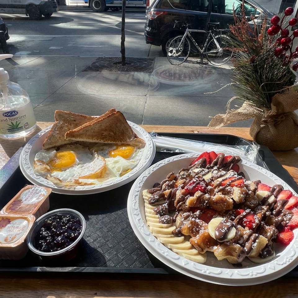 Breakfast spread with fried eggs, toast, fruit-topped waffles, syrup, and jam on a tray at an outdoor café table.