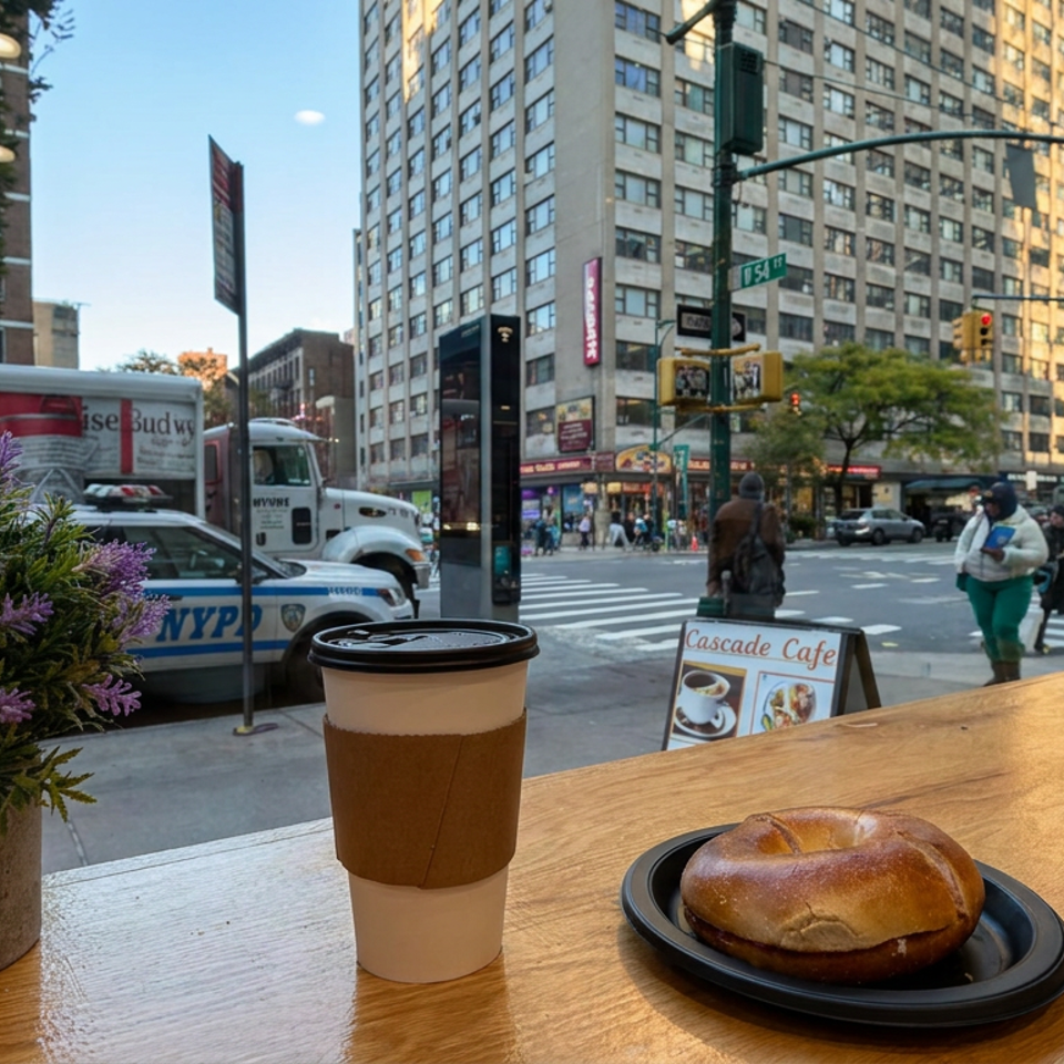 Cafe window counter holds coffee and a bagel on a plate, with flowers and a busy city street outside.