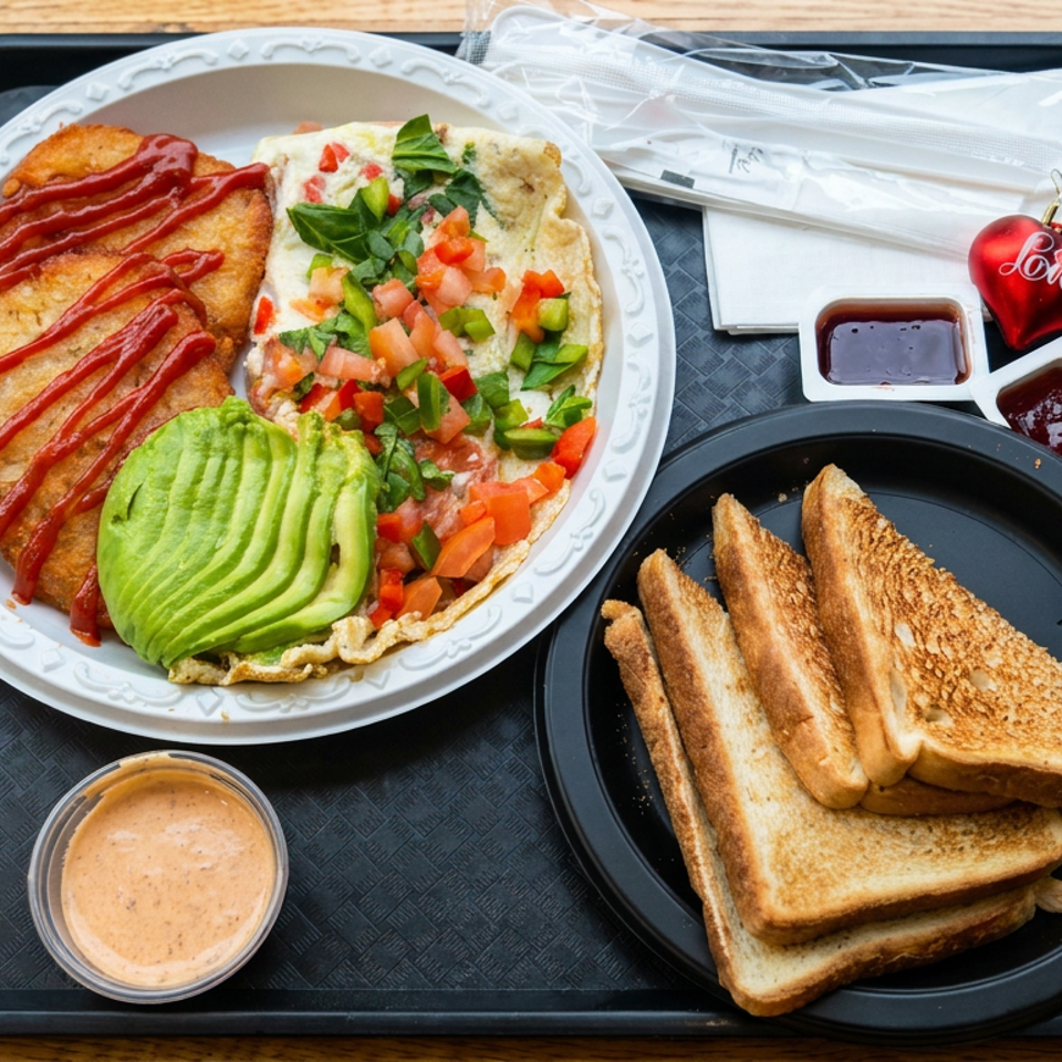 Tray holding a vegetable-topped flatbread with avocado, ketchup-drizzled fried slices, toasted sandwich triangles, dipping sauces, and a heart ornament.