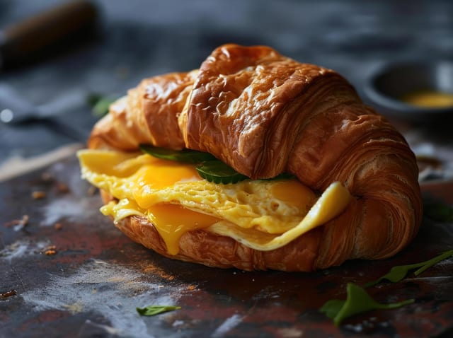 2 Eggs with Bacon on a Croissant.