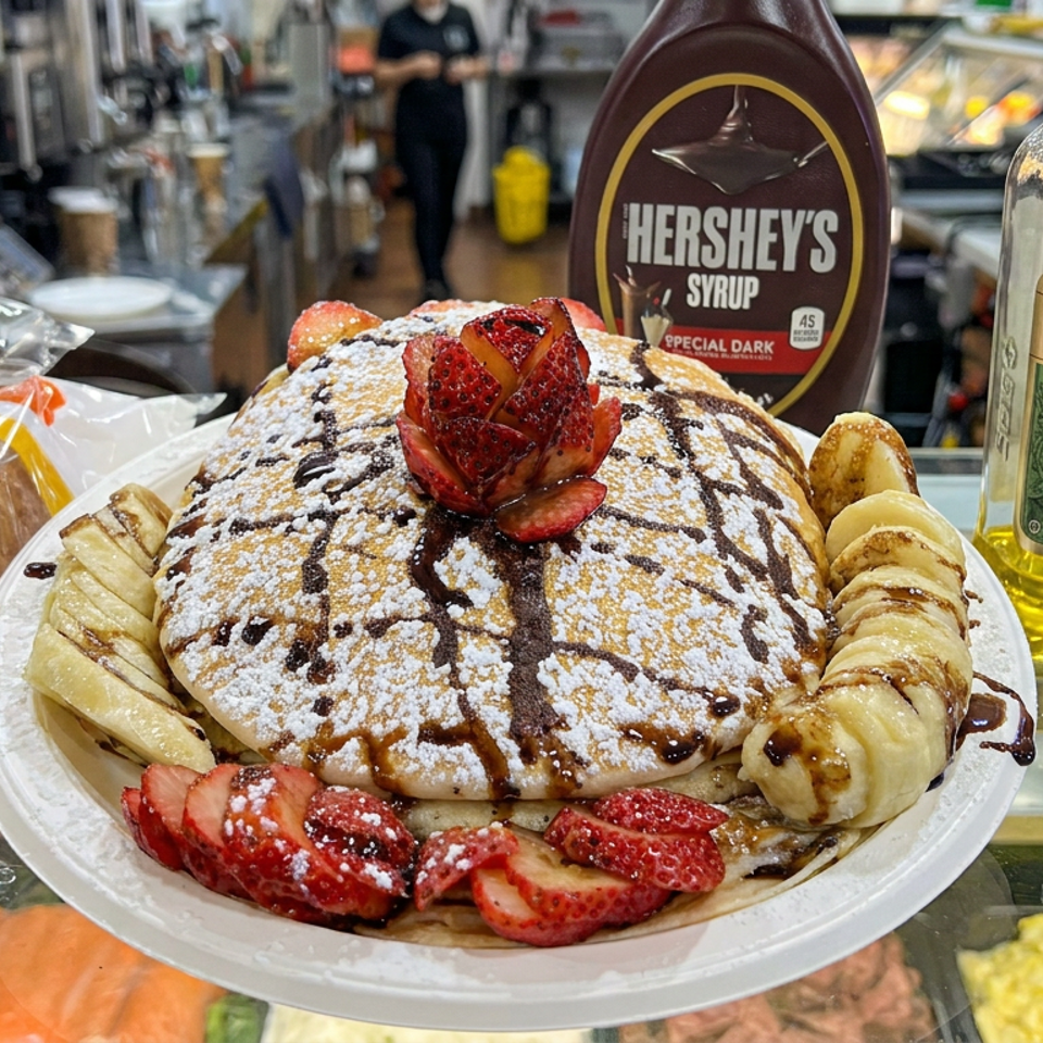 Waffle dusted with powdered sugar and chocolate syrup, topped with strawberries and surrounded by sliced bananas on a plate.